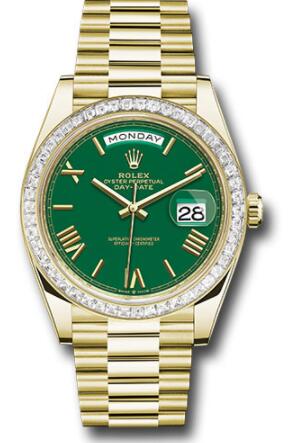 Replica Rolex Yellow Gold Day-Date 40 Watch 228398tbr Diamond Bezel Green Roman Dial President Bracelet